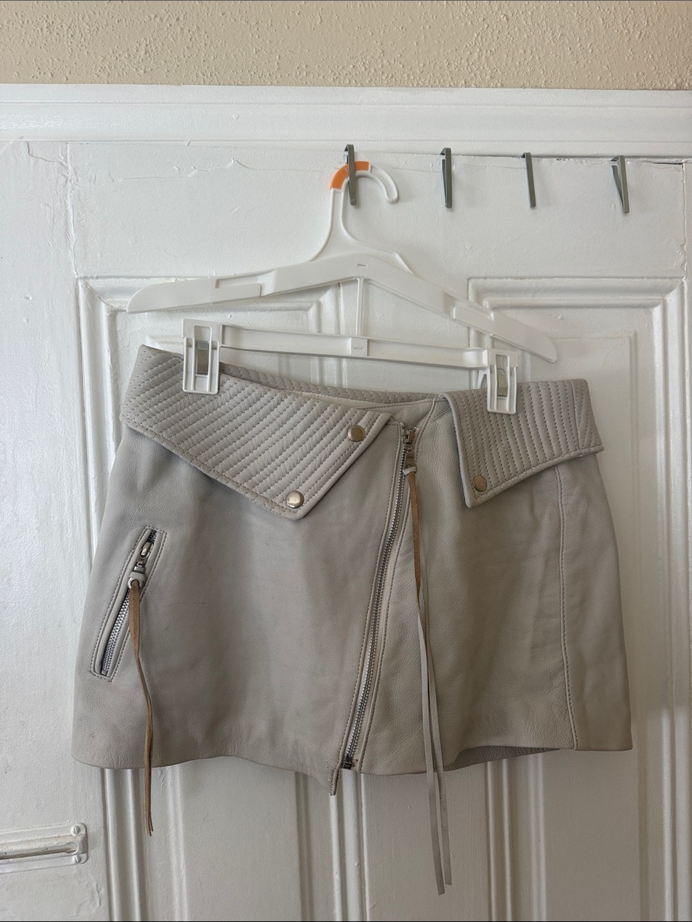Free People Women's Quilted Waist Leather Mini Skirt in Light Gray/ Large